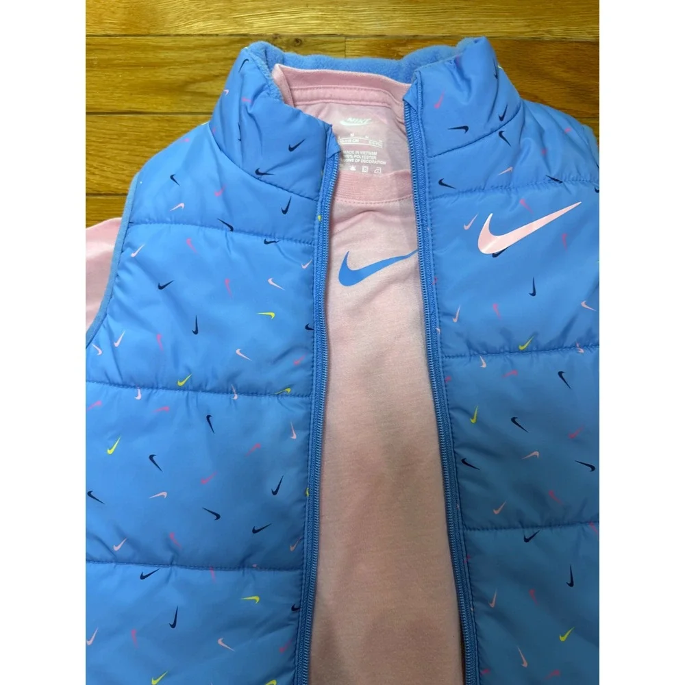 Nike Girls 3-Piece Set Puffer Vest Pink Shirt Silver Velvet Leggings Size 6 5-6Y